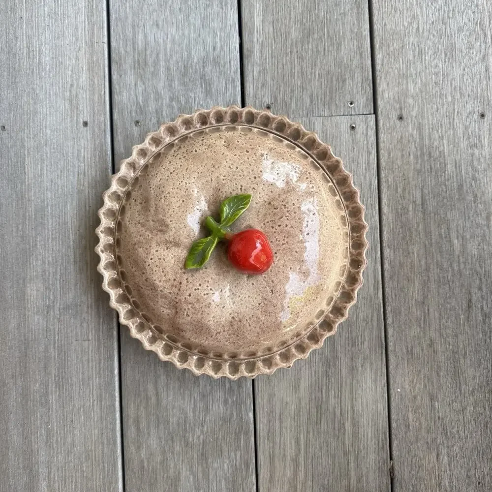 Pie Dish Plate Ceramic Covered Cherry Holder Keeper Lid Vintage Cottagecore